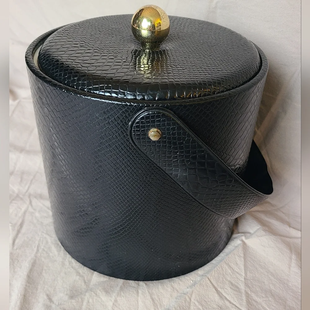 Vintage Ice Bucket Georges Briard Black Snake Skin Faux Leather